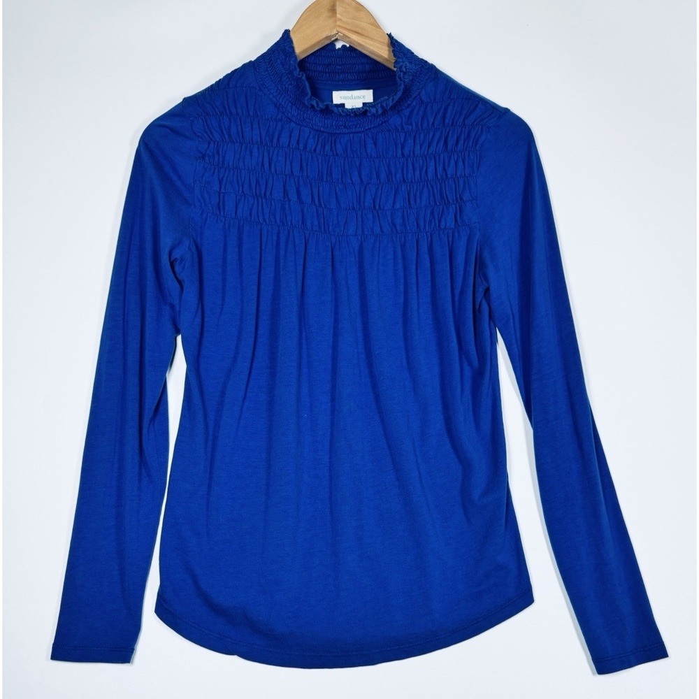 Sundance Top Womens XS Blue Smocked Mock Neck‎ Lyocell Cotton Knit Portugal